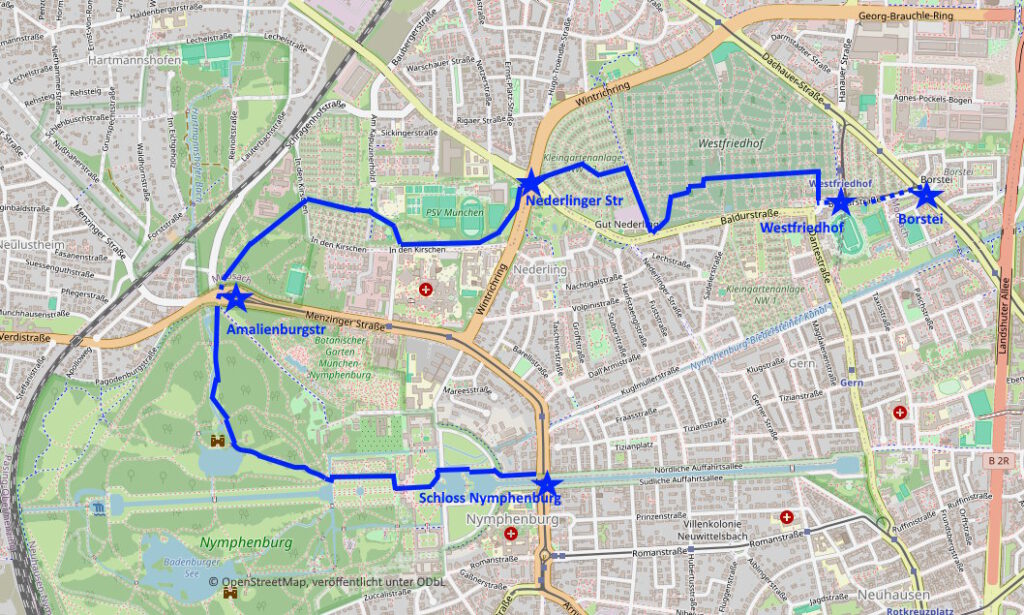 Spazierweg Nymphenburg Moosach Westfriedhof Borstei